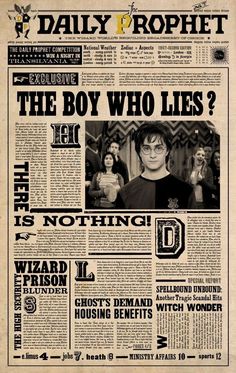 the front page of an old newspaper with harry potter's face and other words on it