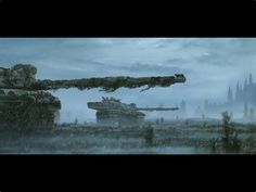 two tanks in the middle of a foggy field