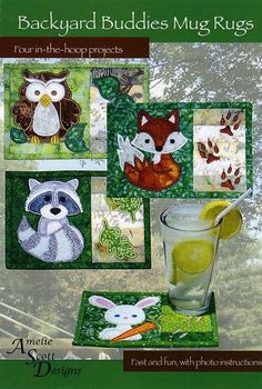 the cover of backyard buddies mug rugs, featuring pictures of animals and drinks in them