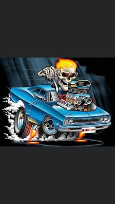 a car with a skeleton on the hood and flames coming out of it's engine