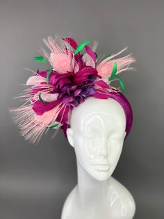 Chunky headband fascinator in magenta. Adorned with shades of purple, pink and pops of green. Attached is the jeweled bee, my signature mark. This piece is one size fits all. Please note all sales are final. Chunky Headband, Headband Fascinator, My Signature, Pink Feathers, Papua New Guinea, Shades Of Purple, Caribbean Netherlands, Fascinator, One Size Fits All