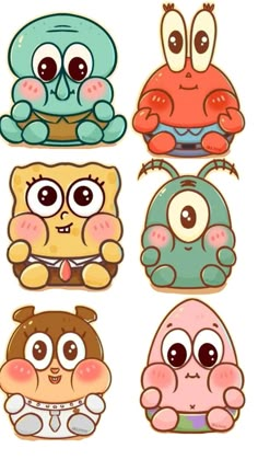 four different colored cartoon animals with big eyes