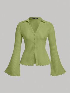 Plus Size Women's Solid Color Ruffled Sleeve Ribbed T-Shirt, Spring & Summer, For Christmas Green Casual  Long Sleeve Knitted Fabric Plain  Medium Stretch  Women Plus Clothing, size features are:Bust: ,Length: ,Sleeve Length: Modest Tops, Easy Trendy Outfits, Modest Fashion Outfits, Spring Shirts, Plus Size T Shirts, Long Sleeve Knit, Plus Size Tops, Plus Clothing, Pretty Outfits