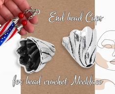 a woman's hand is holding two silver and red bead caps with the words end bed caps for head crochet necklaces