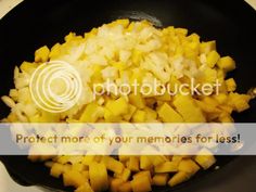 potatoes and onions cooking in a skillet with the words protect more of your memories for less