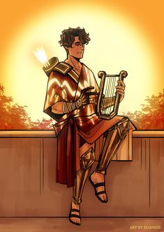 a drawing of a man in armor sitting on a ledge holding a harp and wearing gladia