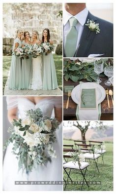 a collage of photos with flowers, greenery and bridesmaid's bouquets