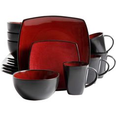 red and black dinnerware set with matching cups