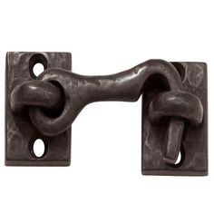 an iron door handle with a chain on the front and back ends, set against a white background