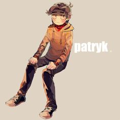 a man sitting on top of a skateboard next to the words patryk