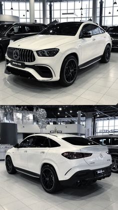 two different views of the front and side of a white mercedes suv in a showroom