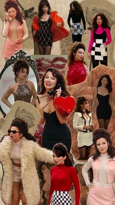 a collage of women dressed in different styles and colors, including one with a heart on her chest