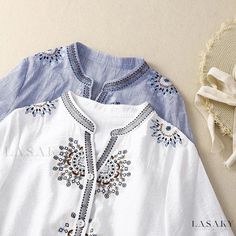 Lasaky - Vintage Artistic Cotton Linen Embroidered Stripe 3/4 Sleeve Shirt with Stand Collar and Floral Embellishments Embroidered Half Sleeve Top For Summer, Long Sleeve Embroidered Top For Summer, Summer Embroidered Tops With 3/4 Sleeves, Bohemian Half-sleeve Blouse With Floral Embroidery, Bohemian Blouse With Floral Embroidery And Half Sleeves, Bohemian Embroidered Blouse With 3/4 Sleeves, Bohemian Half Sleeve Blouse With Floral Embroidery, Bohemian Top With Floral Embroidery And Half Sleeves, Summer Blouse With Floral Embroidery And 3/4 Sleeve