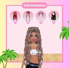 the doll has long hair and is standing in front of a pink wall with palm trees