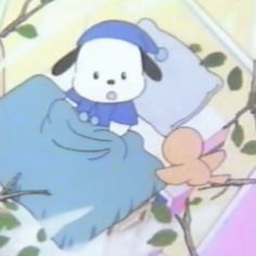 a cartoon character laying in bed under a blanket