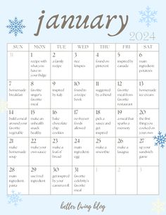 the january calendar with snowflakes and text that says it is written in english