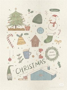 a christmas card with an image of a tree, snowman and other holiday items