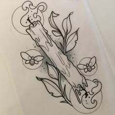 a drawing of a branch with flowers and leaves on it, in the shape of a cross