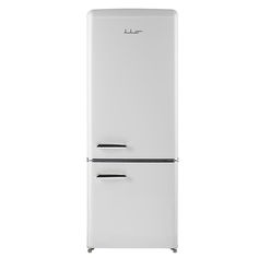 a white refrigerator freezer sitting in front of a white wall with two black handles