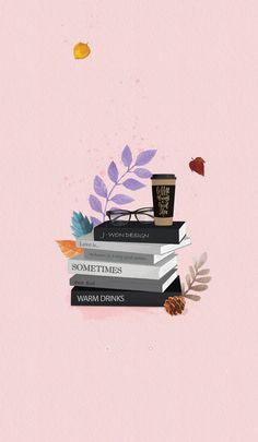 a stack of books with coffee and leaves on top