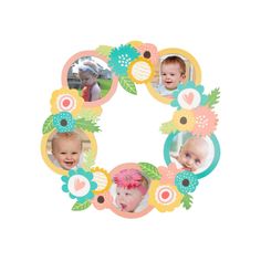 the letter o is decorated with photos of babies and flowers on it's sides