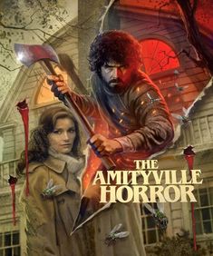 the amityville horror movie poster with an image of a man holding a ax