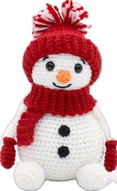 a crocheted snowman with a red hat and scarf on it's head