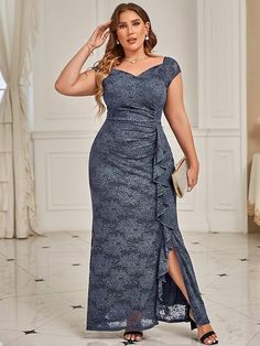 Off Shoulder Side Split Formal Evening Party Maxi Dress.(paid link) Formal Lace Dress, Elegant Ball Gowns, Off Shoulder Gown, Plus Size Gowns, Mother Of Groom Dresses, Gown Pattern, Plus Size Party Dresses, Evening Dresses Plus Size, فستان سهرة