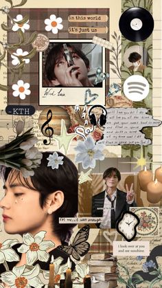 a collage with many different pictures and words on it's side, including an image of a man wearing a flower in his hair