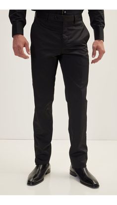 Striped Fitted Tuxedo Pants - Black - Ron Tomson Elegant Fitted Straight Chinos, Black Tuxedo Slim Fit Bottoms, Black Tuxedo Style Slim Fit Bottoms, Black Slim Fit Tuxedo Bottoms, Black Fitted Chinos For Formal Occasions, Formal Fitted Black Chinos, Tailored Full-length Elegant Chinos, Elegant Tailored Full-length Chinos, Elegant Stretch Chinos For Formal Occasions