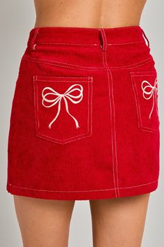 Bow skirt in red Bow Embroidery, Embroidered Bow, Bow Skirt, Embroidered Pocket, Corduroy Mini Skirt, Corduroy Material, Red Skirt, Corduroy Fabric, Curvy Jeans