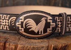 Unique handcrafted western leather belt with roodter design stitching Embroidered Leather Belt For Western-themed Events, Leather Embroidered Belt For Western-themed Events, Leather Belt With Embroidery For Western-themed Events, Traditional Leather Belt With Concho, Western Embroidered Belt For Western-themed Events, Western Style Embroidered Belt, Southwestern Embroidered Belt For Rodeo, Western Leather Belt, Mens Western