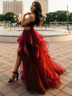 Pretty High Low Burgundy Long Prom Dresses, Wine Red High Low Formal Dresses, Fluffy Burgundy Evening Dresses Prom Dress Ruffles, High Low Dress Formal, Burgundy Evening Dress, Dress Ruffles, High Low Prom Dresses, Spaghetti Strap Prom Dress, Burgundy Prom Dress, Red High, Tulle Prom Dress