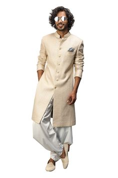 Beige achkan jacket with metallic textured buttons and thread embroidery. Comes with straight-fit pant and a blue kurta. - Aza Fashions Blue Kurta, Men Kurta, Dhoti Pants, Straight Fit Pants, Thread Embroidery, Thread Work, Pant Set, Mandarin Collar, Aza Fashion