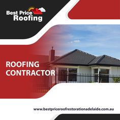 a brochure with the words roofing and a house in red, white and black