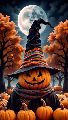 a painting of a pumpkin wearing a witch's hat