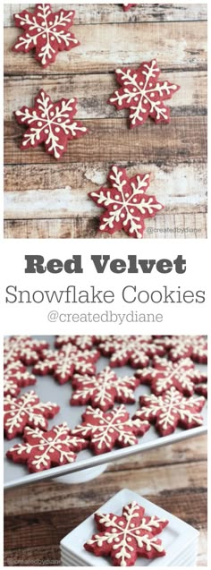 red velvet snowflake cookies on a wooden table with text overlay that reads red velvet snowflake cookies