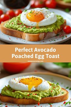 avocado toast with an egg on top and the words perfect avocado poached egg toast