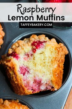 raspberry lemon muffins in a muffin tin with the title above it