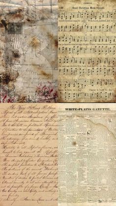 an old sheet of paper with music notes and writing on it's side, along with other papers