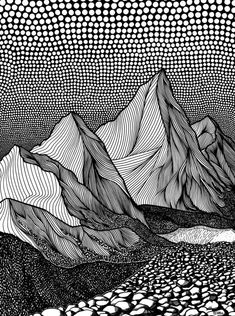 a black and white drawing of mountains