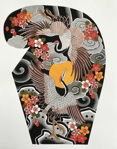 a painting of a bird with flowers on it's body