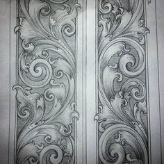 an intricately designed door is shown in black and white, as well as the design for