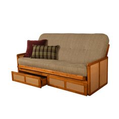 a couch with two drawers underneath it and a plaid pillow on the bottom one side