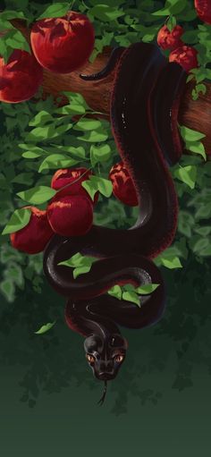 a snake and apple tree with red apples