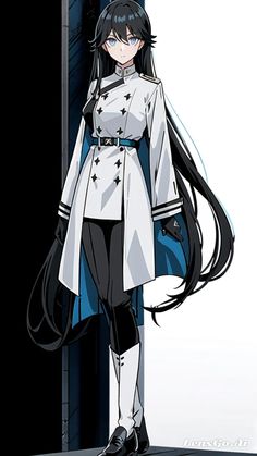 an anime character with long black hair standing in front of a door and wearing a white coat