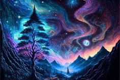 the night sky is full of stars and planets, as well as trees in the foreground