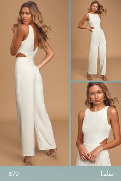 The Lulus Moments to Remember White Sleeveless Wide-Leg Cutout Jumpsuit will have you falling head over heels in love! Lightweight woven ponte shapes this must-have jumpsuit that has a rounded neckline (with V-back) and fitted princess-seamed bodice featuring two sultry side cutouts. A high, banded waist tops flowy wide-cut pant legs to complete this stunner! Hidden back zipper/clasp. Fit: This garment fits true to size. Length: Floor length. Size medium measures 58" from shoulder to hem. Inseam Summer Sleeveless Cutout Jumpsuits And Rompers, Sleeveless Cutout Jumpsuit For Night Out, Sleeveless Jumpsuits And Rompers For Summer, Chaffle Recipe, Cutout Jumpsuit, Head Over Heels In Love, Adhesive Bra, Head Over Heels, Rounded Neckline