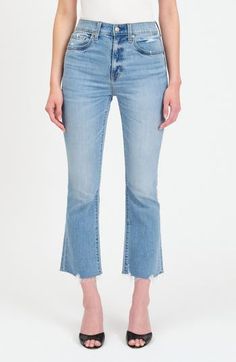 A faded wash and a raw-edge hem add to the vintage-inspired look of weekend-ready jeans cut from stretch-kissed denim. 26 1/2" inseam; 16" leg opening; 11 1/2" front rise; 15" back rise (size 29) Zip fly with button closure Five-pocket style 65% cotton, 34% organic cotton, 1% elastane Machine wash, dry flat Imported Everyday Medium Wash Cropped Jeans With Frayed Hem, Light Wash Mid-rise Cropped Jeans, Everyday Medium Wash Flare Jeans With Frayed Hem, Mid-rise Cropped Jeans With Frayed Hem In Medium Wash, Fall Frayed Hem Cutoff Jeans, Fall Faded Jeans With Frayed Hem, Everyday Washed Blue Cropped Jeans With Frayed Hem, Everyday Medium Wash Cutoff Flare Jeans, Medium Wash Denim Flare Jeans With Frayed Hem