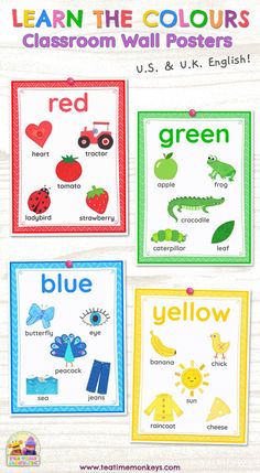 four colorful posters with words and pictures on them that read learn the colors classroom wall posters